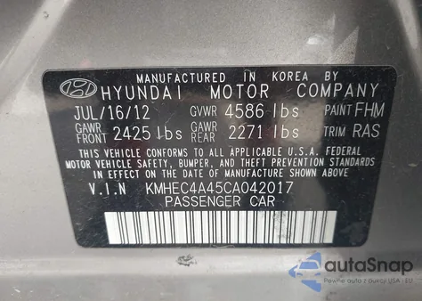 2012 Hyundai Sonata Hybrid from USA, damaged, VIN KMHEC4A45CA042017